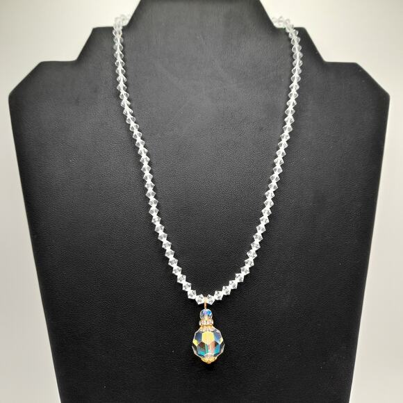 Vintage 1960s Crystal Faceted Pendant Necklace, AB Rhinestone Box Clasp, 17 Inch - Picture 11 of 11